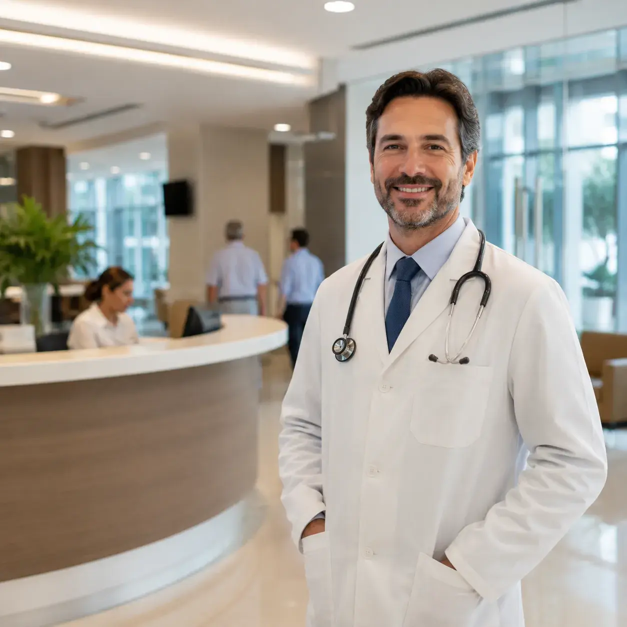 Médico sorrindo na recepção de um hospital