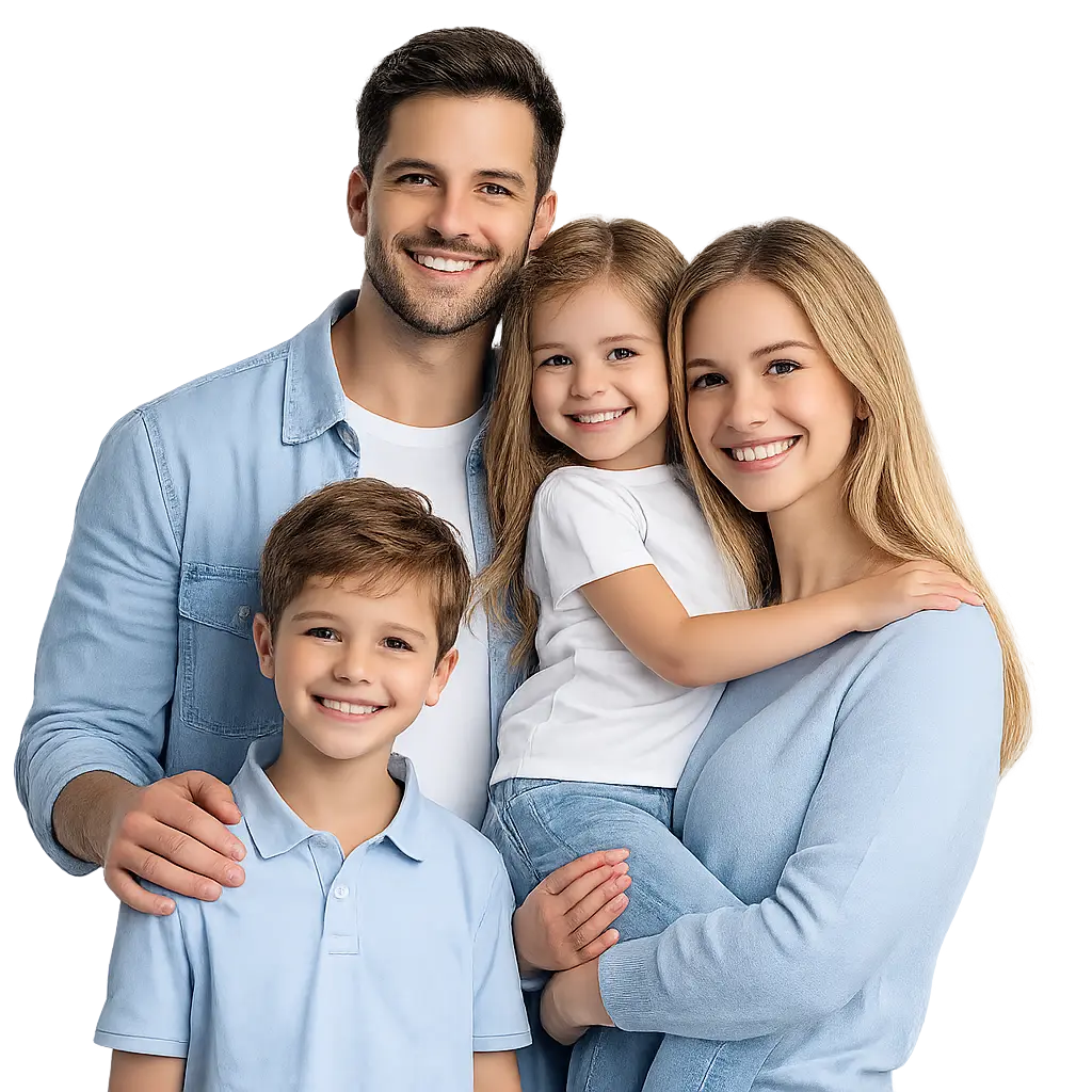 Família reunida representando os benefícios do plano de saúde familiar para pais e filhos.