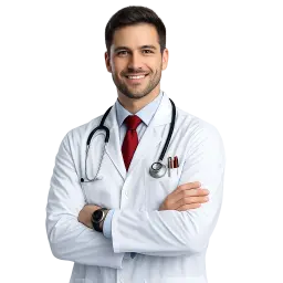 Médico de jaleco sorrindo de braços cruzados