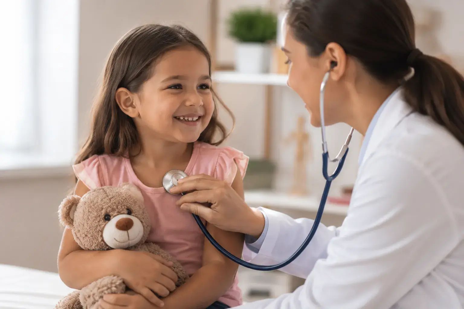 Pediatra examinando uma menina com o estetoscópio