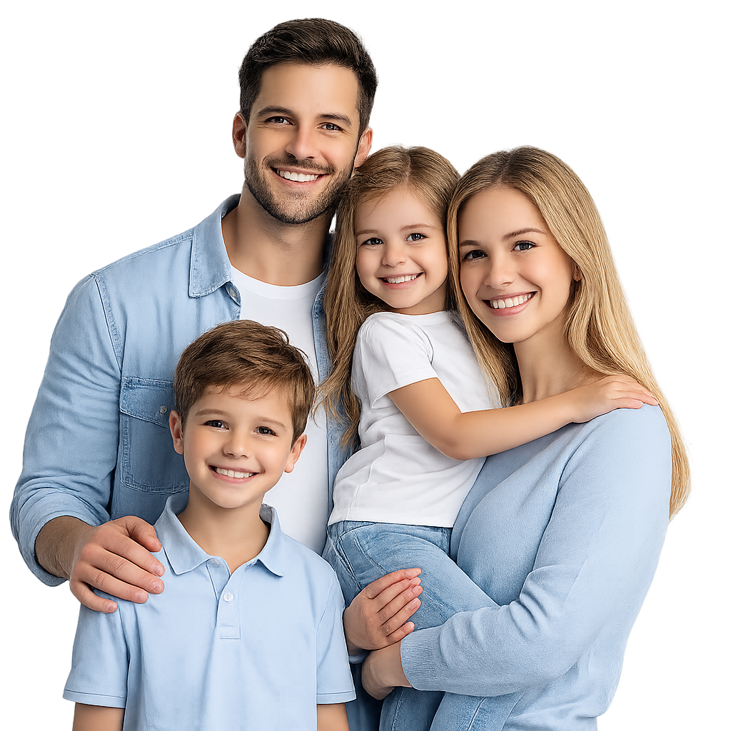 Família reunida representando os benefícios do plano de saúde familiar para pais e filhos.